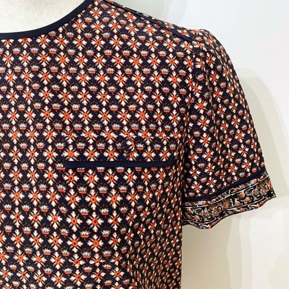TORY BURCH 100% SILK SHORT SLEEVE BOXY TOP IN ORANGE BLUE FLORAL GEO PATTERN - 2 - Picture 5 of 10